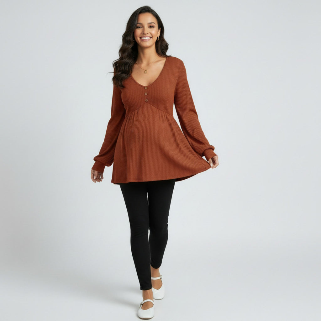 Anna-Kaci Women's Maternity Ribbed Knit Long Sleeve Tunic Top with Button Front V Neck Empire Waist Shirt