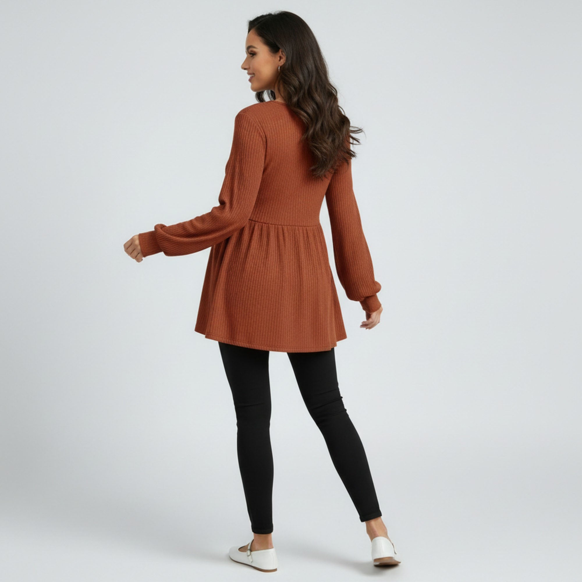 Anna-Kaci Women's Maternity Ribbed Knit Long Sleeve Tunic Top with Button Front V Neck Empire Waist Shirt