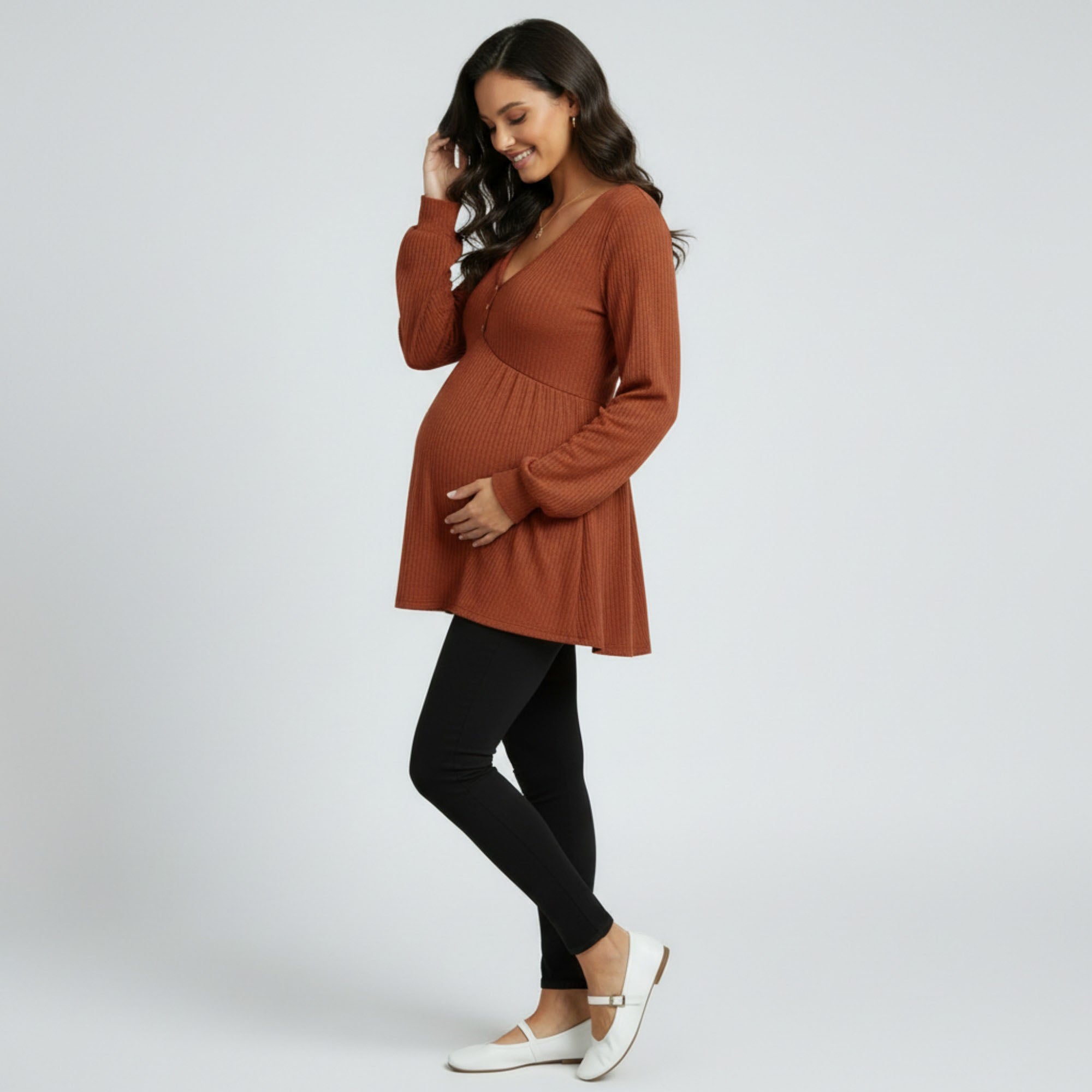 Anna-Kaci Women's Maternity Ribbed Knit Long Sleeve Tunic Top with Button Front V Neck Empire Waist Shirt