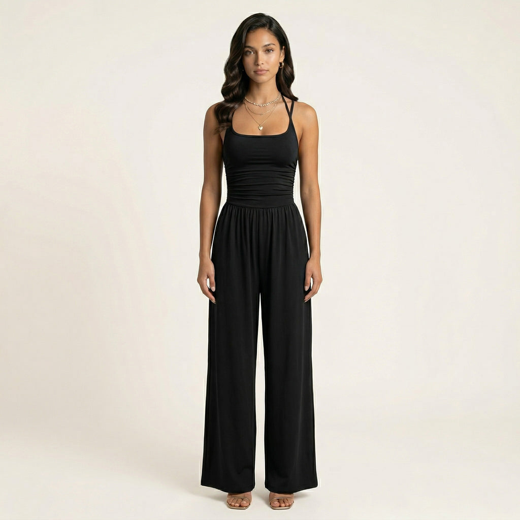 Anna-Kaci Women's Sleeveless Wide Leg Jumpsuit with Scoop Neck Ruched Bodice Soft Stretch Fabric