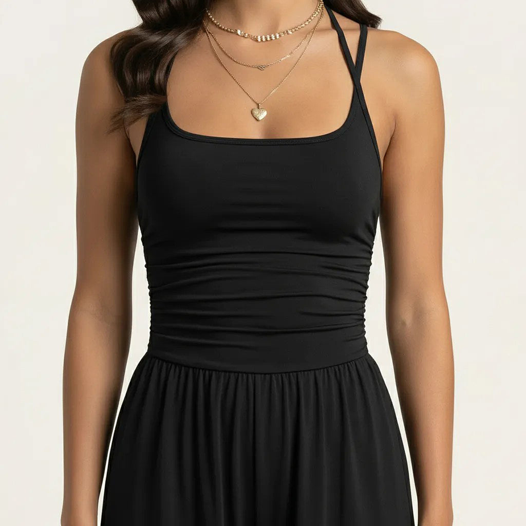 Anna-Kaci Women's Sleeveless Wide Leg Jumpsuit with Scoop Neck Ruched Bodice Soft Stretch Fabric