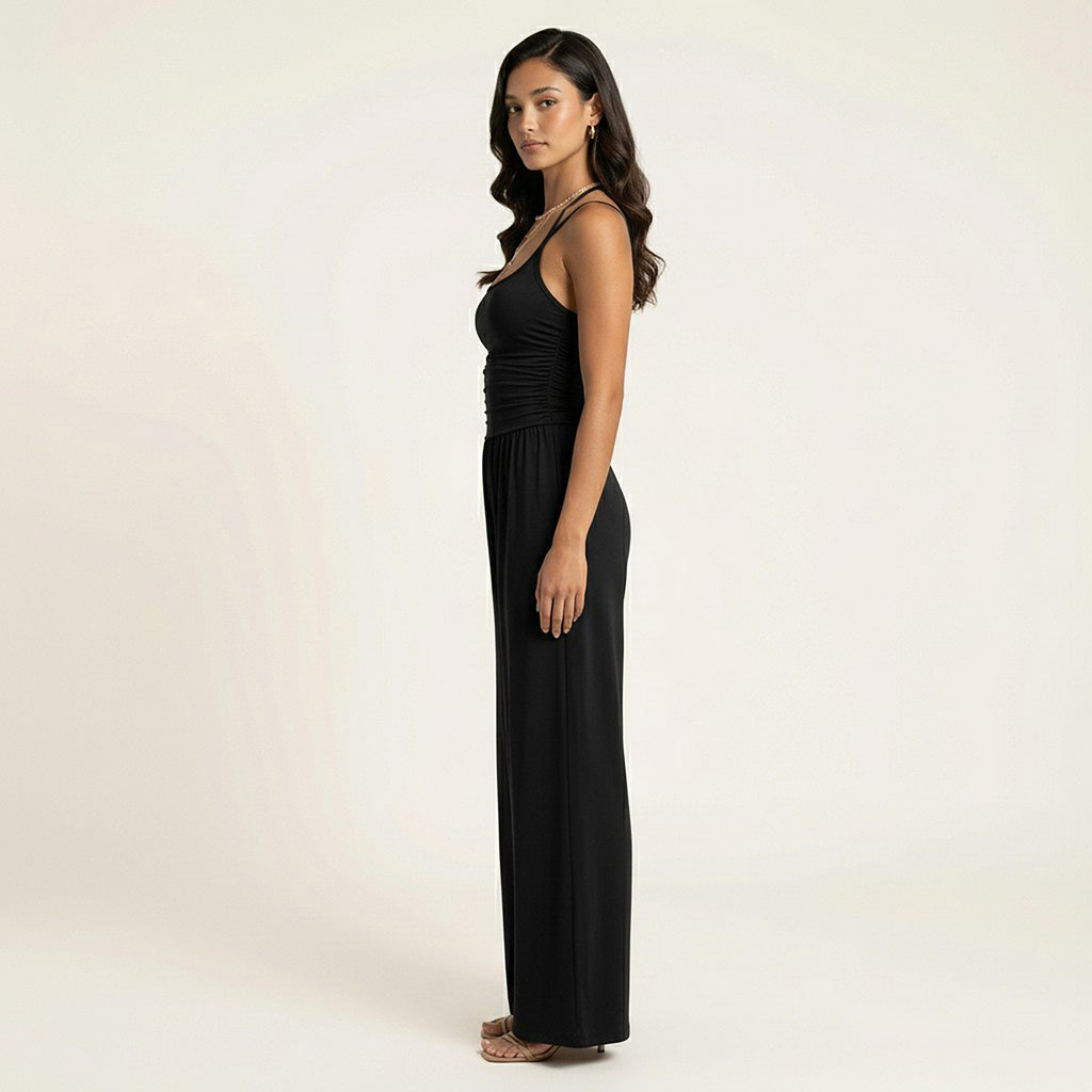 Anna-Kaci Women's Sleeveless Wide Leg Jumpsuit with Scoop Neck Ruched Bodice Soft Stretch Fabric