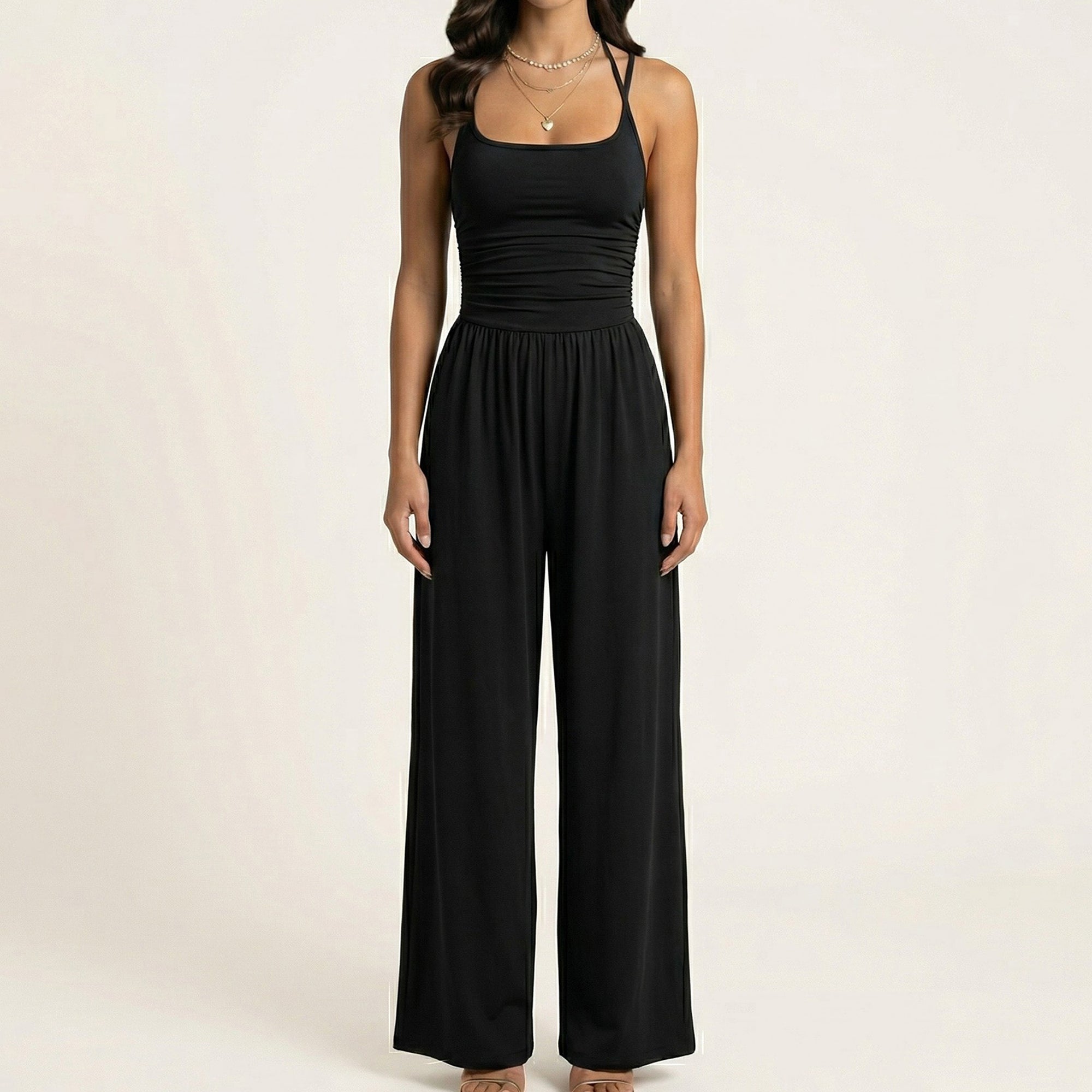 Anna-Kaci Women's Sleeveless Wide Leg Jumpsuit with Scoop Neck Ruched Bodice Soft Stretch Fabric