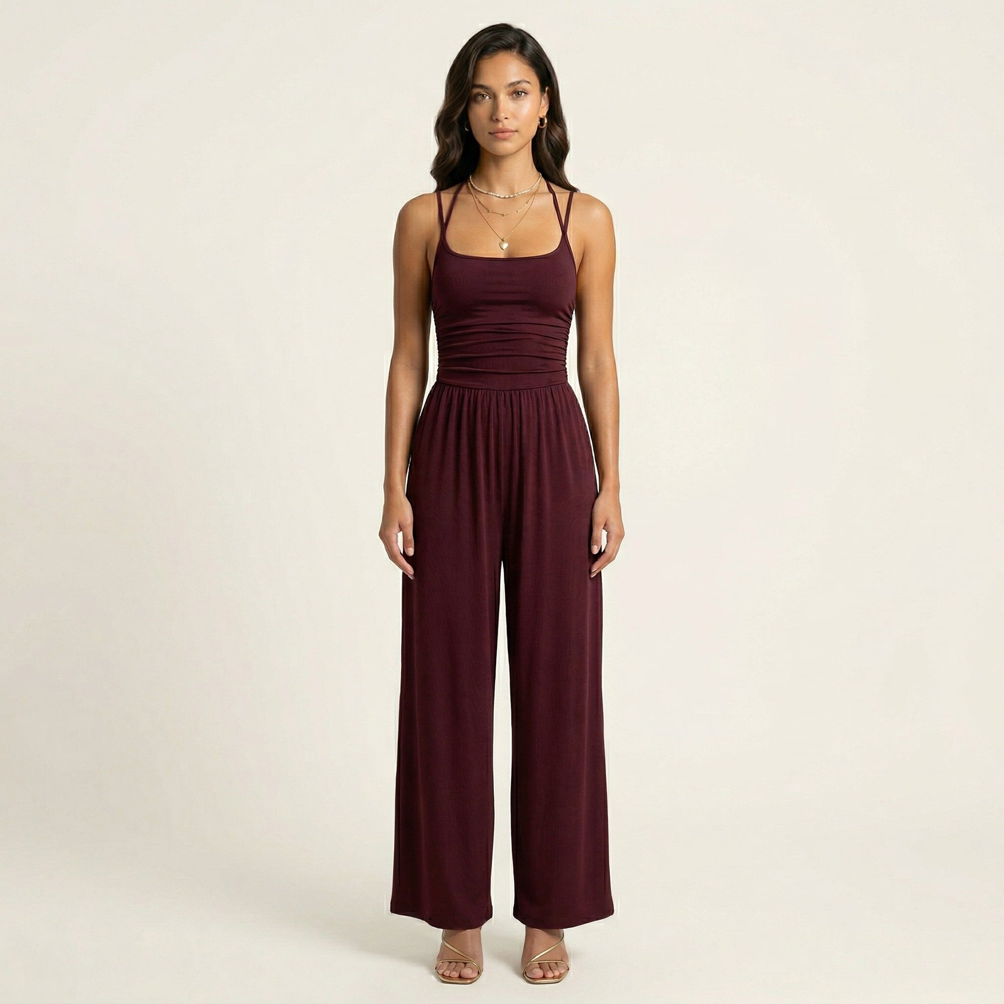 Anna-Kaci Women's Sleeveless Wide Leg Jumpsuit with Scoop Neck Ruched Bodice Soft Stretch Fabric