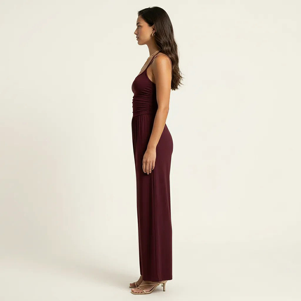 Anna-Kaci Women's Sleeveless Wide Leg Jumpsuit with Scoop Neck Ruched Bodice Soft Stretch Fabric