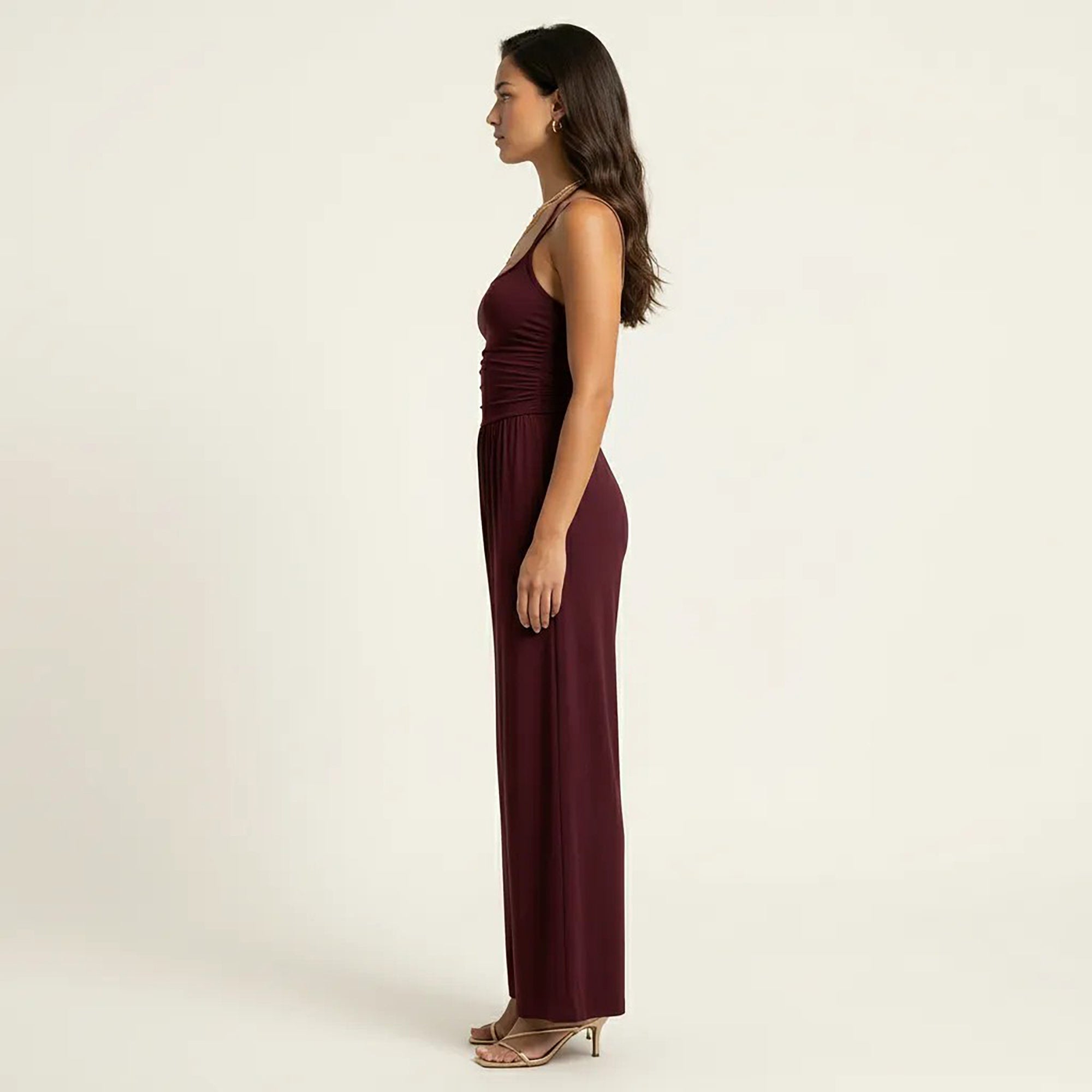 Anna-Kaci Women's Sleeveless Wide Leg Jumpsuit with Scoop Neck Ruched Bodice Soft Stretch Fabric