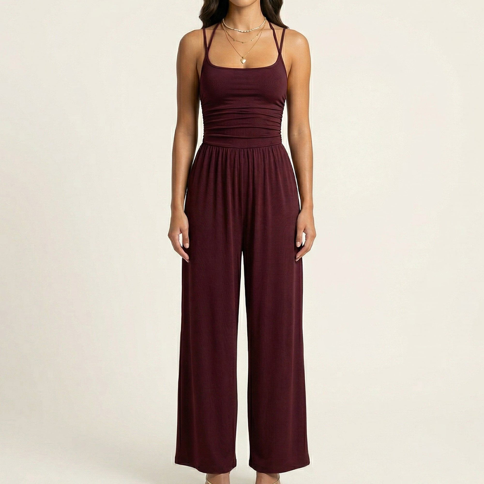 Anna-Kaci Women's Sleeveless Wide Leg Jumpsuit with Scoop Neck Ruched Bodice Soft Stretch Fabric