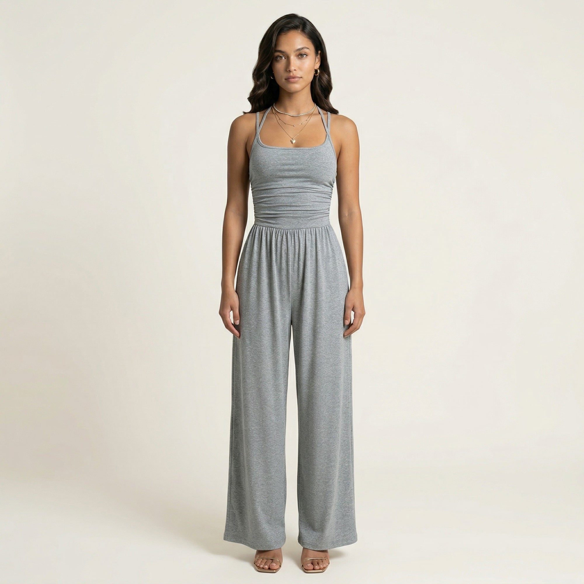 Anna-Kaci Women's Sleeveless Wide Leg Jumpsuit with Scoop Neck Ruched Bodice Soft Stretch Fabric