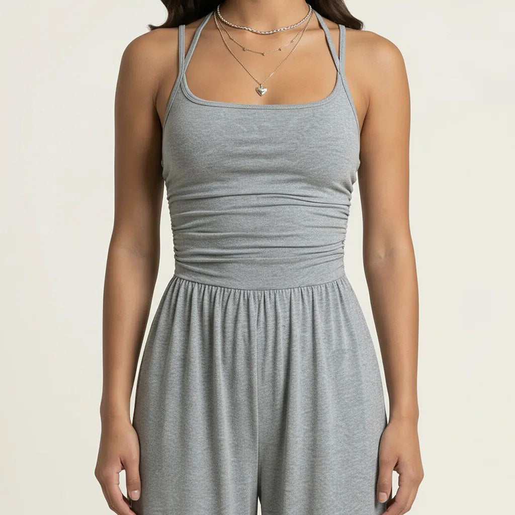 Anna-Kaci Women's Sleeveless Wide Leg Jumpsuit with Scoop Neck Ruched Bodice Soft Stretch Fabric