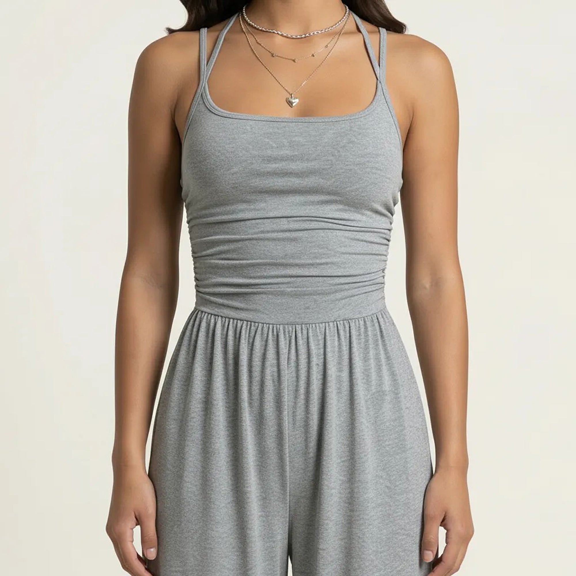 Anna-Kaci Women's Sleeveless Wide Leg Jumpsuit with Scoop Neck Ruched Bodice Soft Stretch Fabric