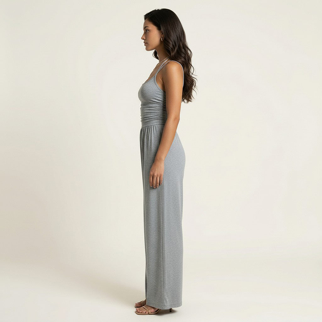 Anna-Kaci Women's Sleeveless Wide Leg Jumpsuit with Scoop Neck Ruched Bodice Soft Stretch Fabric