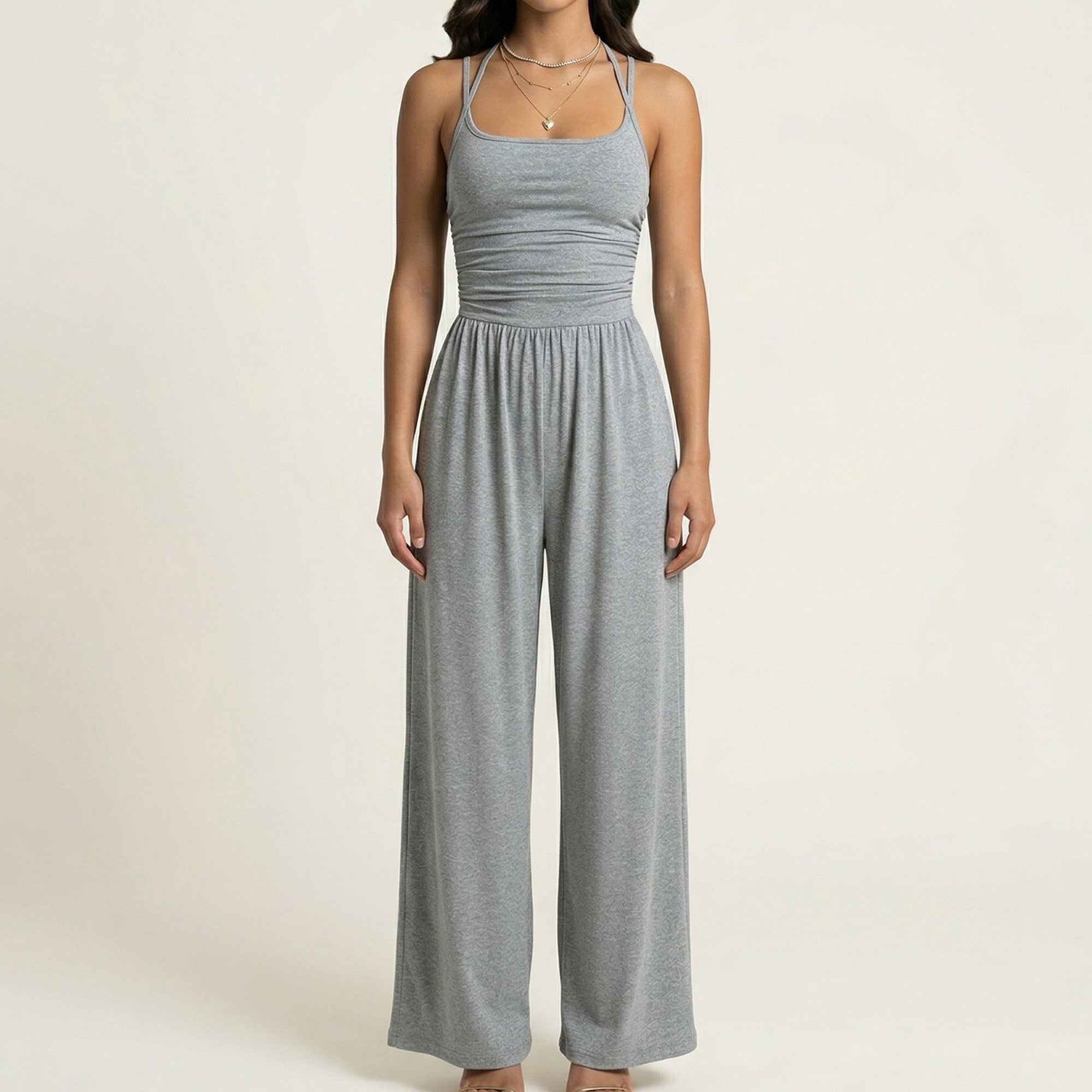 Anna-Kaci Women's Sleeveless Wide Leg Jumpsuit with Scoop Neck Ruched Bodice Soft Stretch Fabric