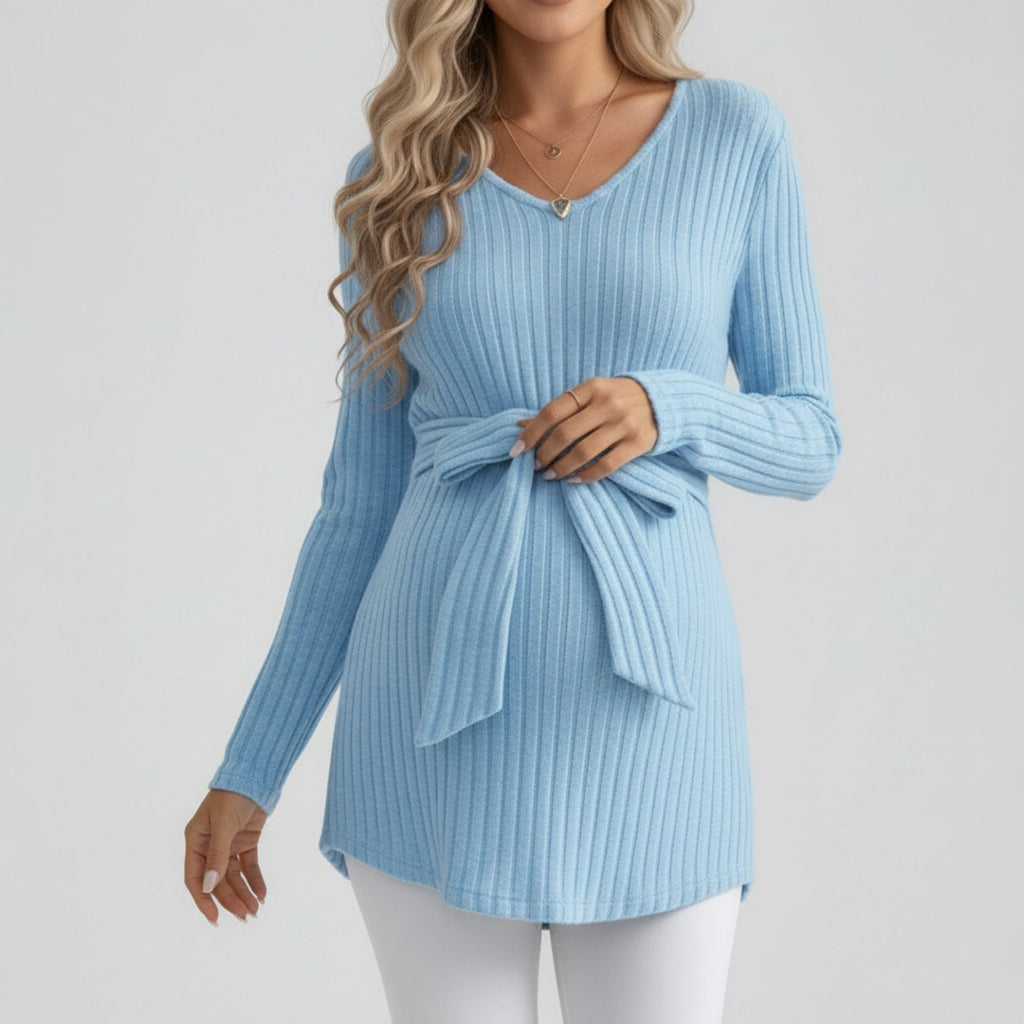 Anna-Kaci Women's Maternity Ribbed Knit Long Sleeve Tunic Top with V Neck Tie Waist Soft Stretch Shirt