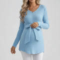 Anna-Kaci Women's Maternity Ribbed Knit Long Sleeve Tunic Top with V Neck Tie Waist Soft Stretch Shirt