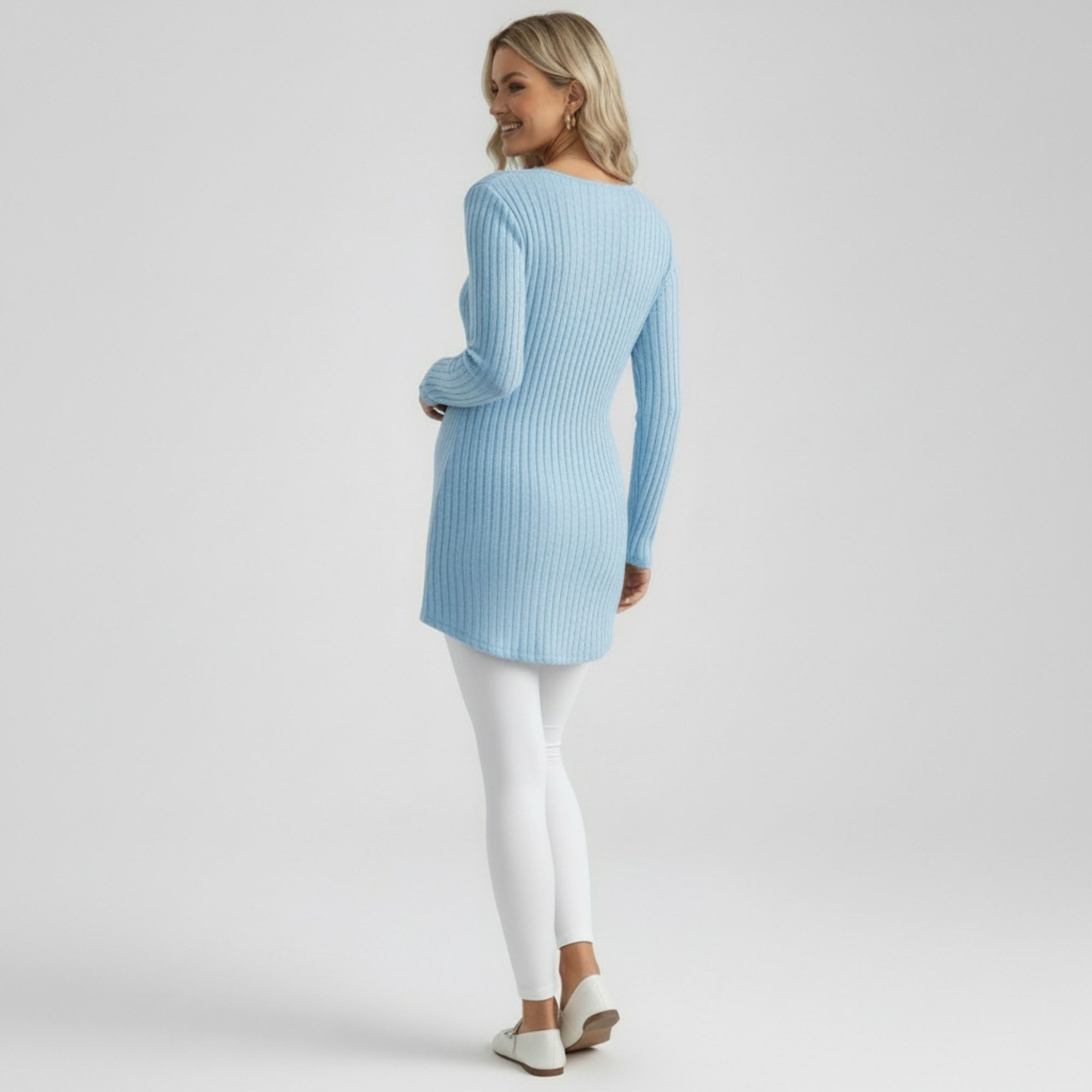 Anna-Kaci Women's Maternity Ribbed Knit Long Sleeve Tunic Top with V Neck Tie Waist Soft Stretch Shirt