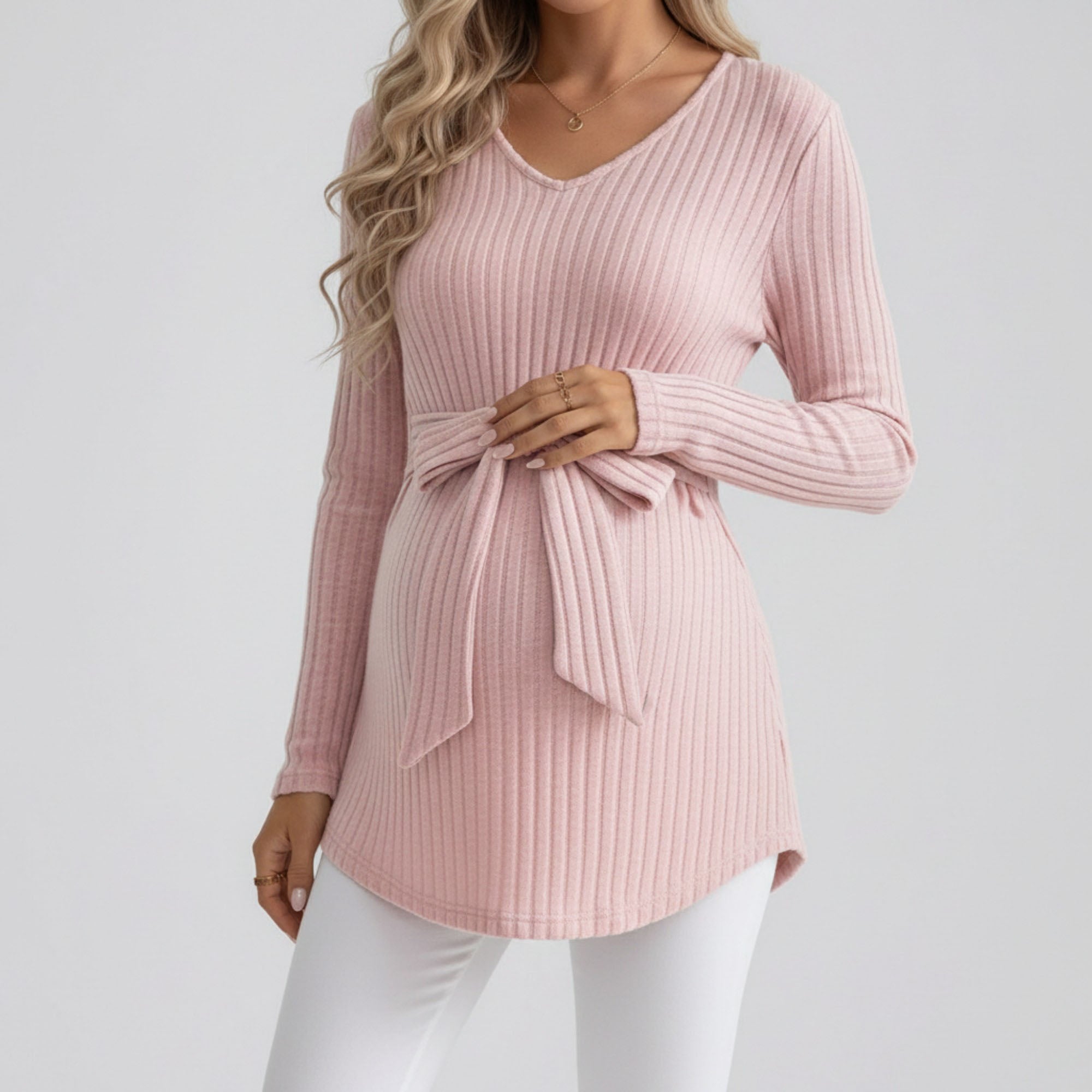 Anna-Kaci Women's Maternity Ribbed Knit Long Sleeve Tunic Top with V Neck Tie Waist Soft Stretch Shirt