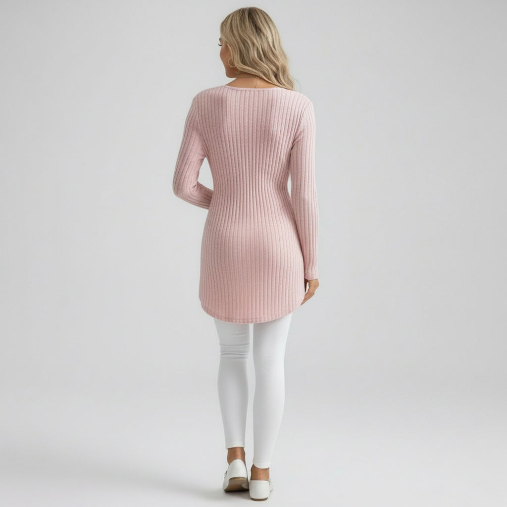 Anna-Kaci Women's Maternity Ribbed Knit Long Sleeve Tunic Top with V Neck Tie Waist Soft Stretch Shirt