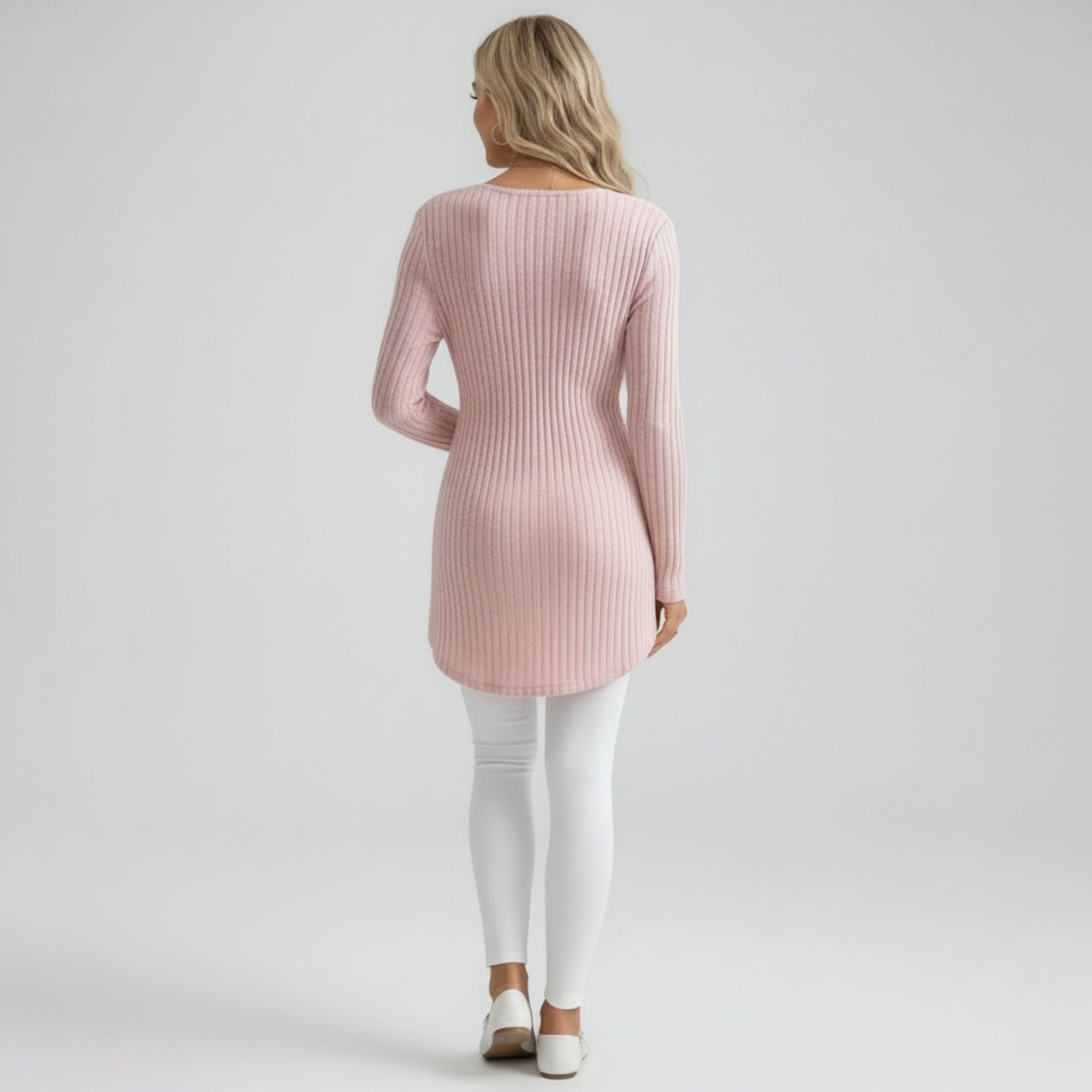 Anna-Kaci Women's Maternity Ribbed Knit Long Sleeve Tunic Top with V Neck Tie Waist Soft Stretch Shirt