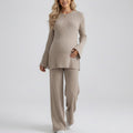 Anna-Kaci Women's Maternity 2 Piece Lounge Set Ribbed Knit Long Sleeve Top Wide Leg Pants Matching Set