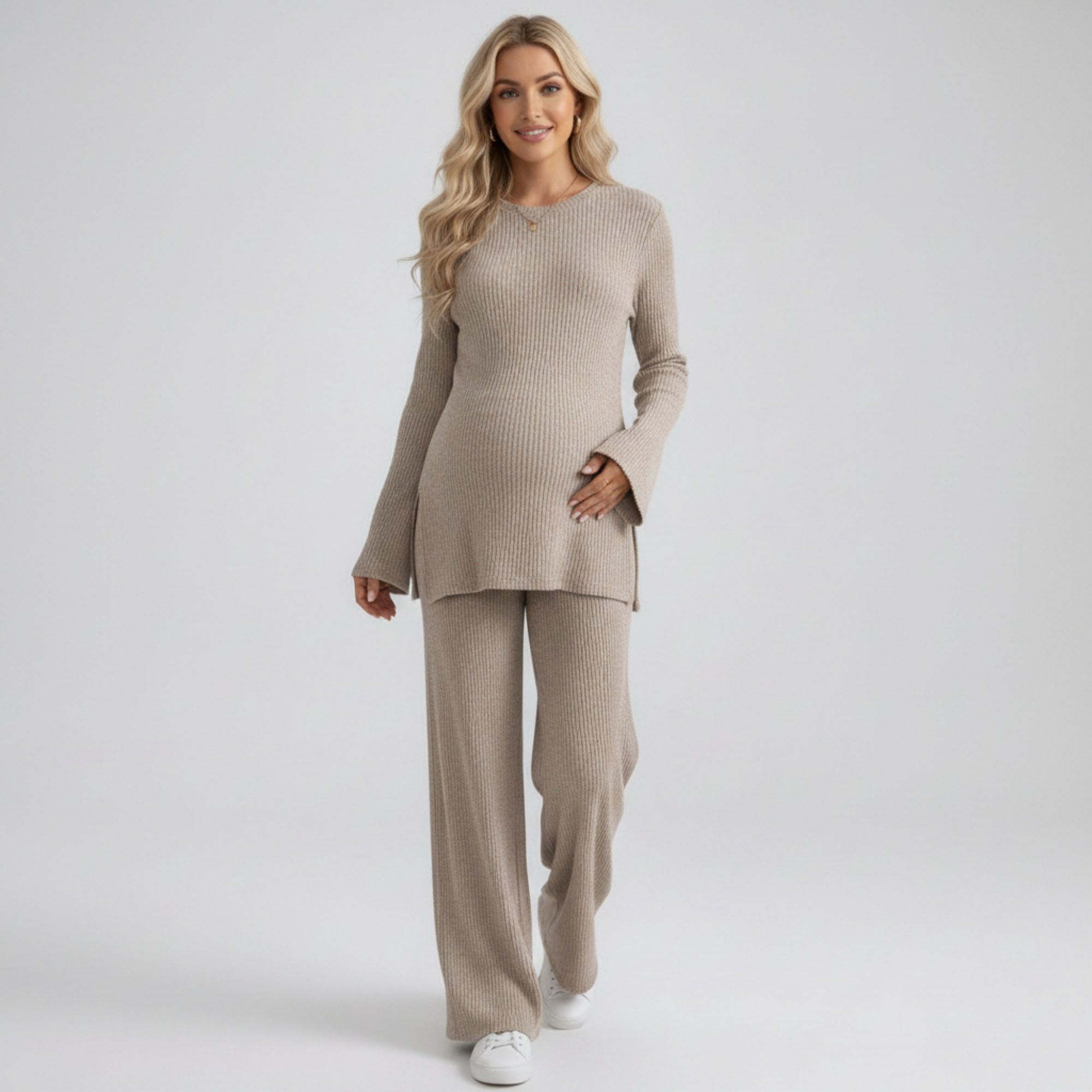 Anna-Kaci Women's Maternity 2 Piece Lounge Set Ribbed Knit Long Sleeve Top Wide Leg Pants Matching Set