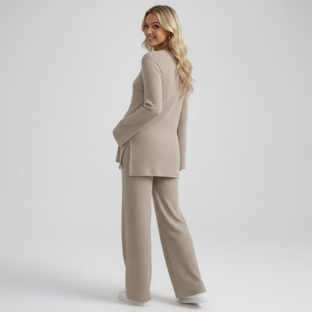 Anna-Kaci Women's Maternity 2 Piece Lounge Set Ribbed Knit Long Sleeve Top Wide Leg Pants Matching Set