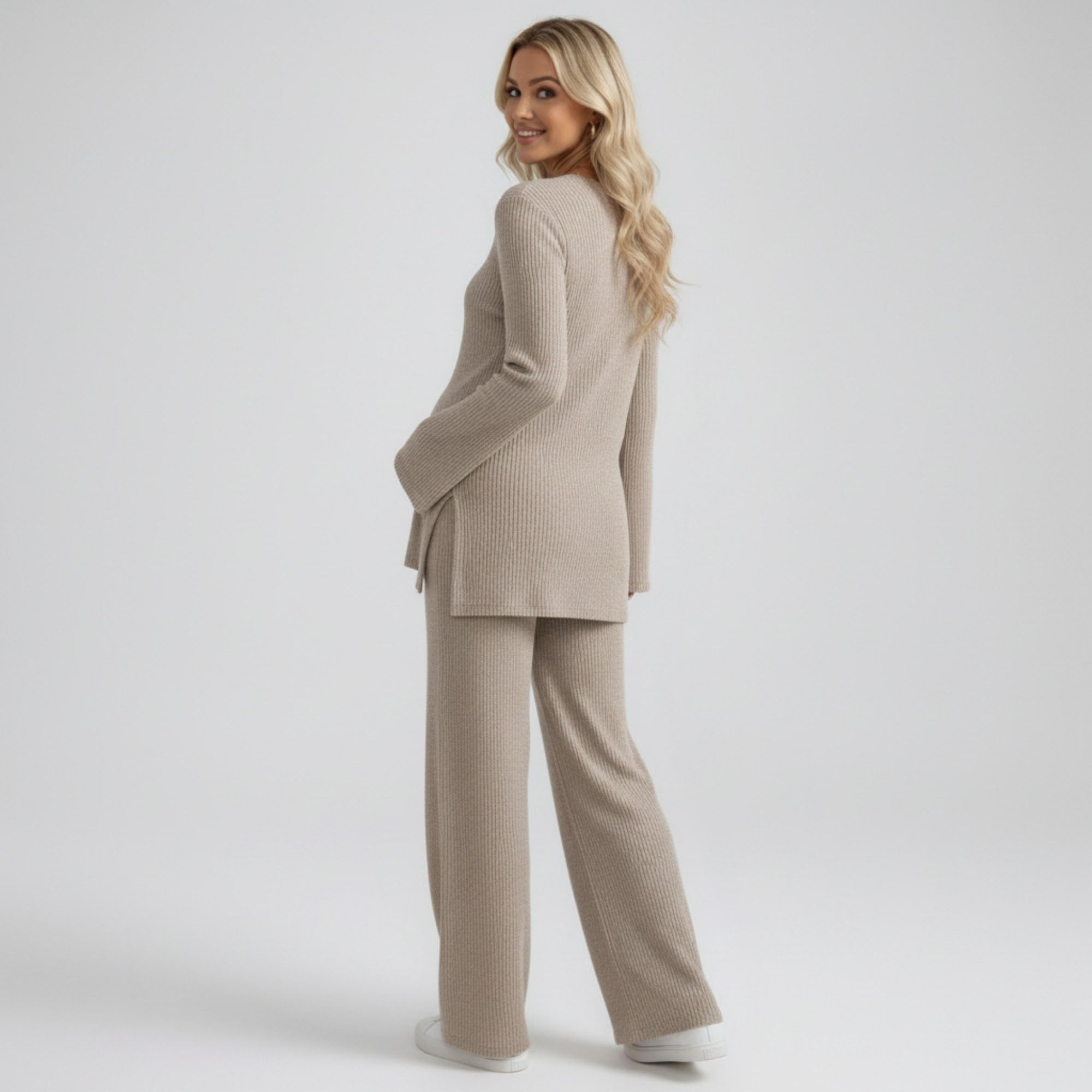 Anna-Kaci Women's Maternity 2 Piece Lounge Set Ribbed Knit Long Sleeve Top Wide Leg Pants Matching Set