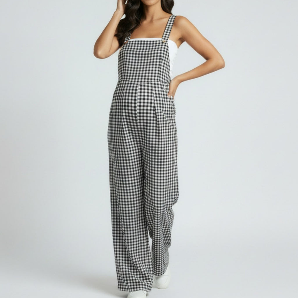 Anna-Kaci Women's Maternity Gingham Wide Leg Jumpsuit with Adjustable Straps Square Neck Loose Fit Overalls