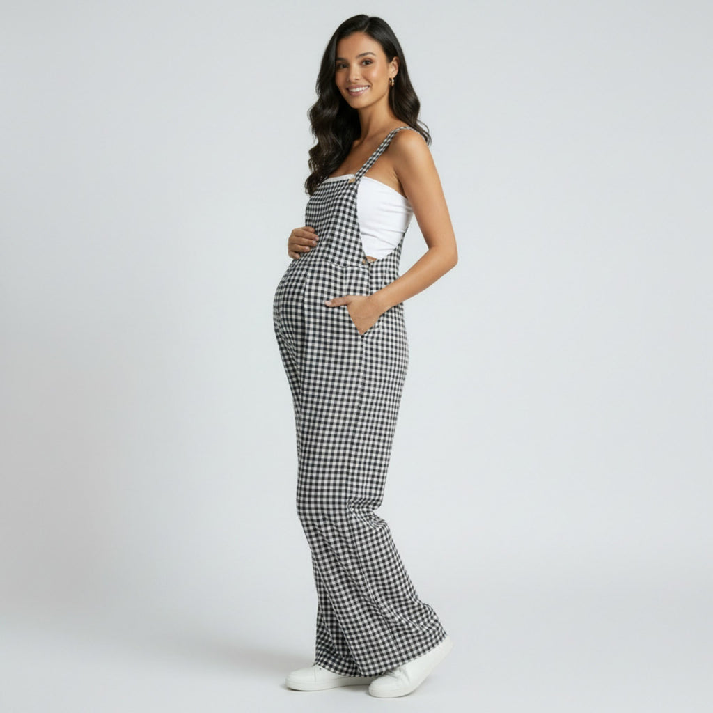 Anna-Kaci Women's Maternity Gingham Wide Leg Jumpsuit with Adjustable Straps Square Neck Loose Fit Overalls