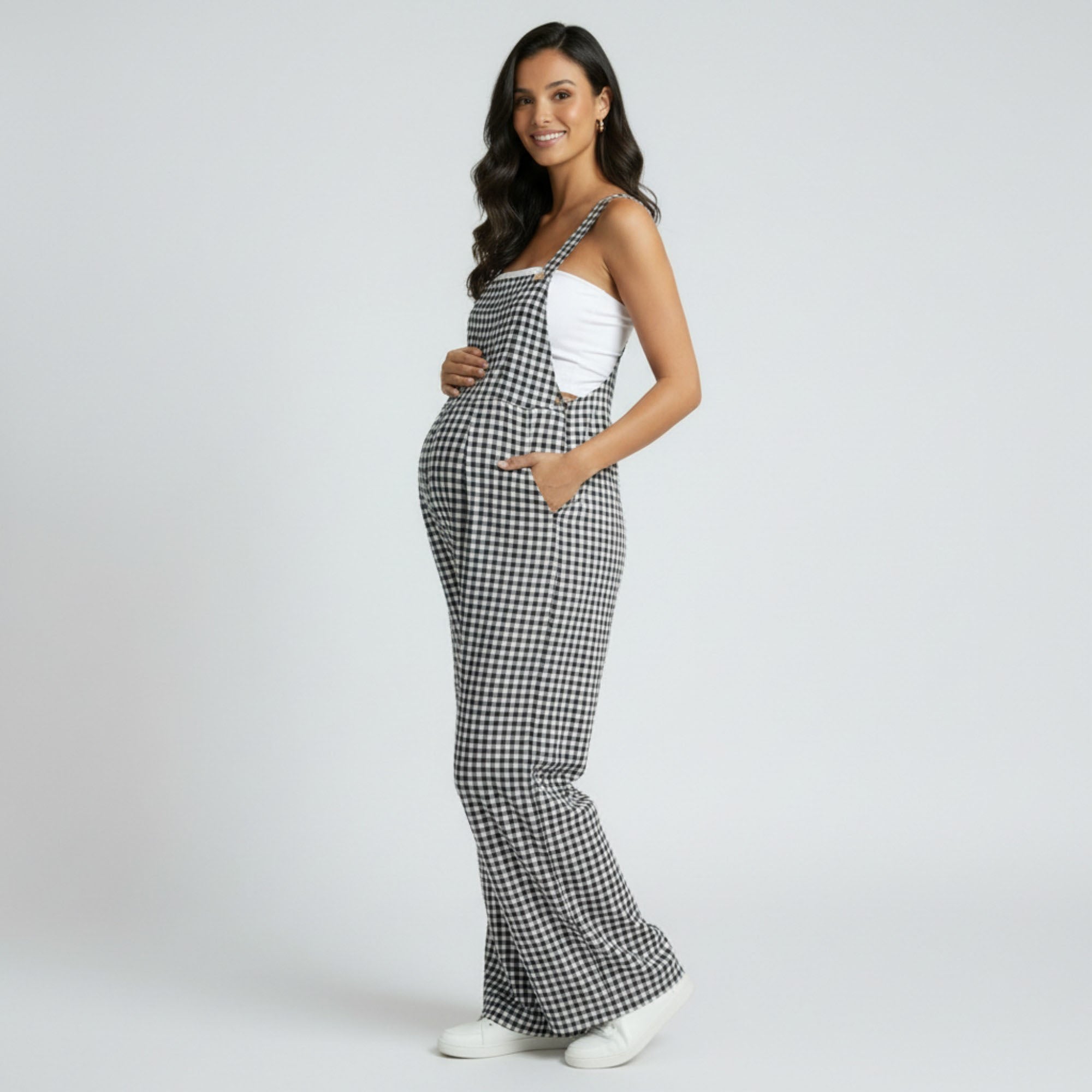 Anna-Kaci Women's Maternity Gingham Wide Leg Jumpsuit with Adjustable Straps Square Neck Loose Fit Overalls