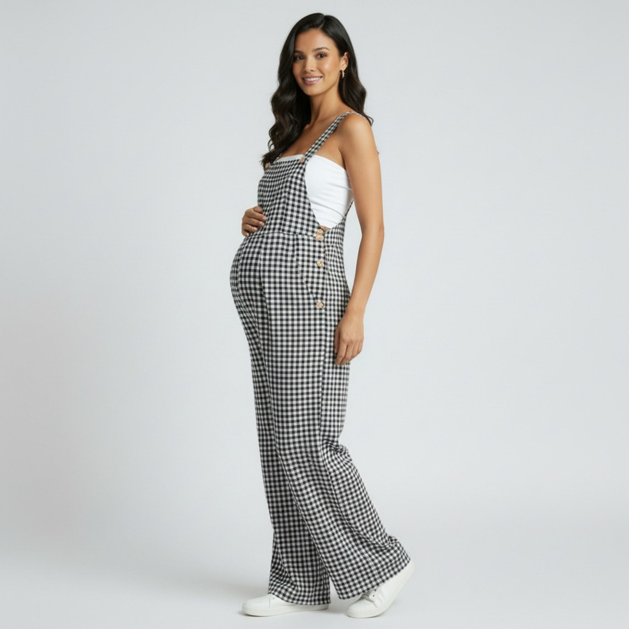 Anna-Kaci Women's Maternity Gingham Wide Leg Jumpsuit with Adjustable Straps Square Neck Loose Fit Overalls