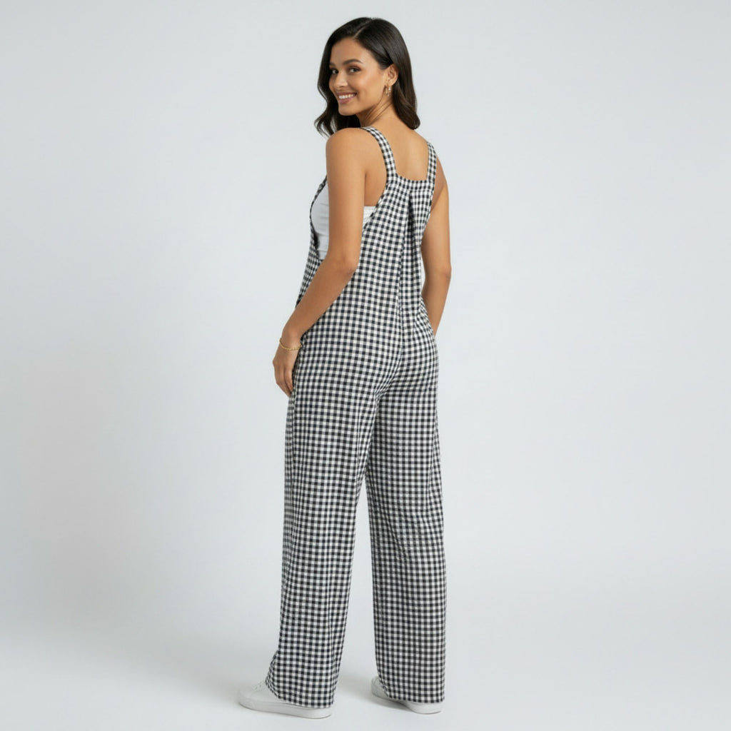 Anna-Kaci Women's Maternity Gingham Wide Leg Jumpsuit with Adjustable Straps Square Neck Loose Fit Overalls