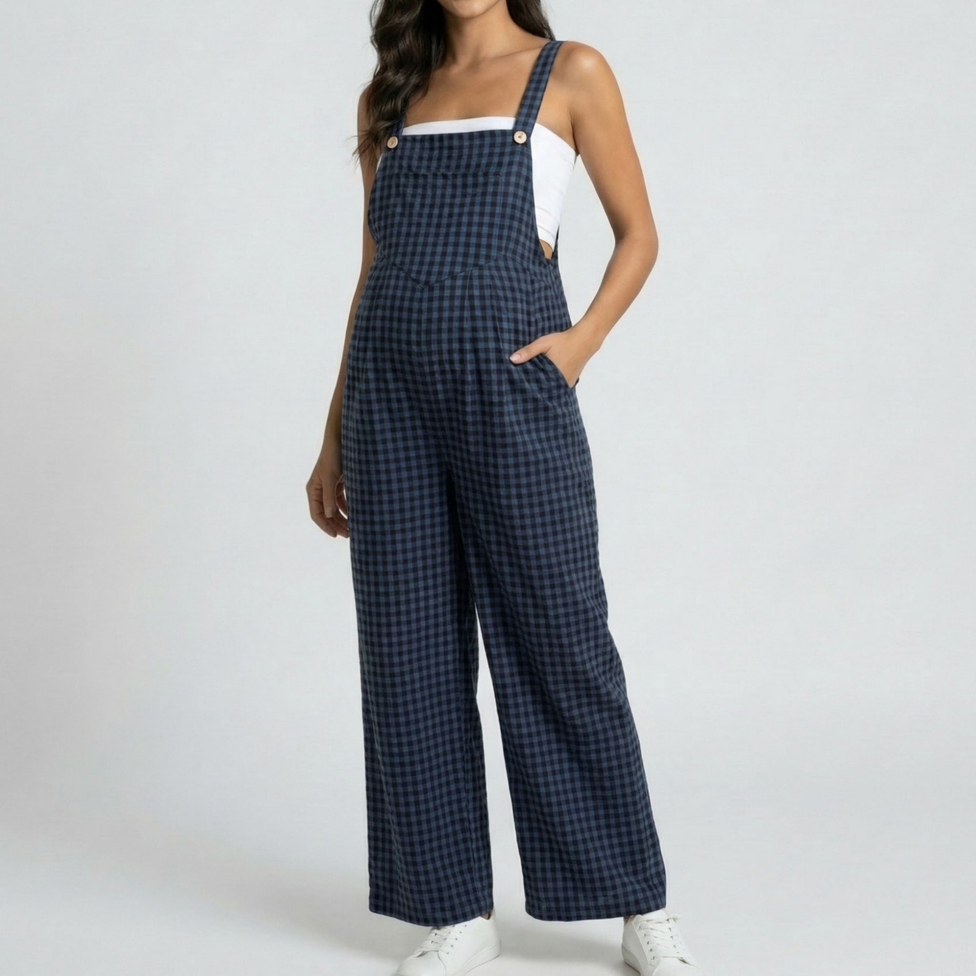 Anna-Kaci Women's Maternity Gingham Wide Leg Jumpsuit with Adjustable Straps Square Neck Loose Fit Overalls