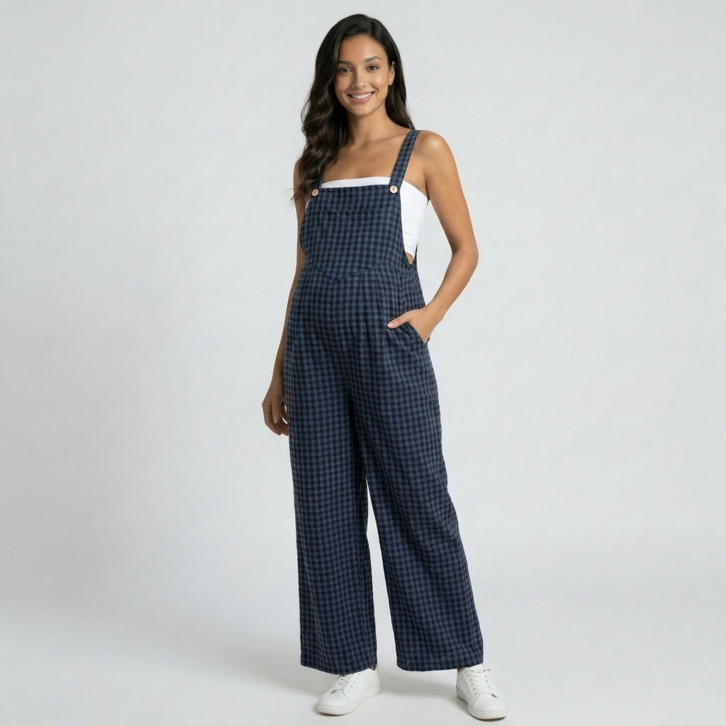 Anna-Kaci Women's Maternity Gingham Wide Leg Jumpsuit with Adjustable Straps Square Neck Loose Fit Overalls