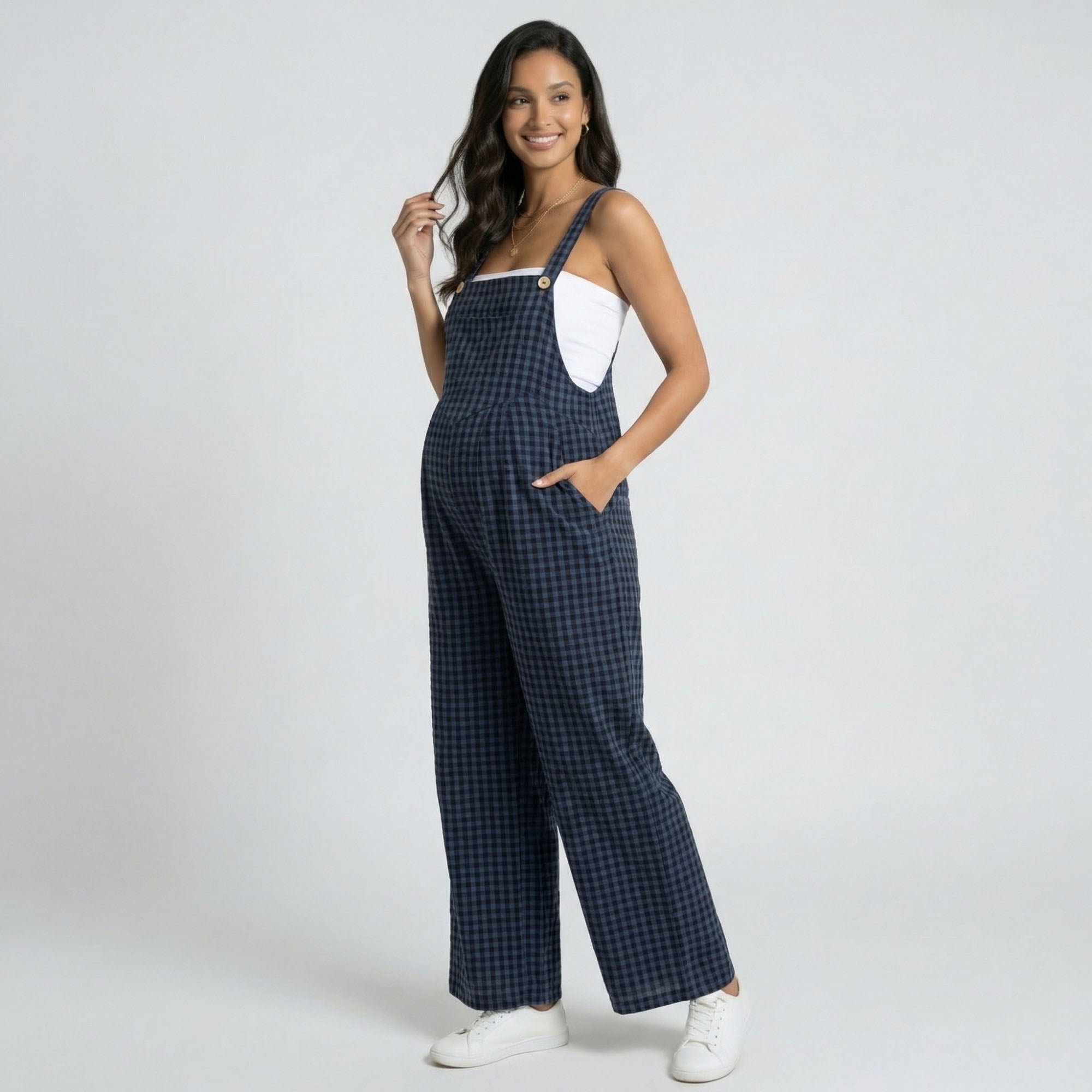 Anna-Kaci Women's Maternity Gingham Wide Leg Jumpsuit with Adjustable Straps Square Neck Loose Fit Overalls