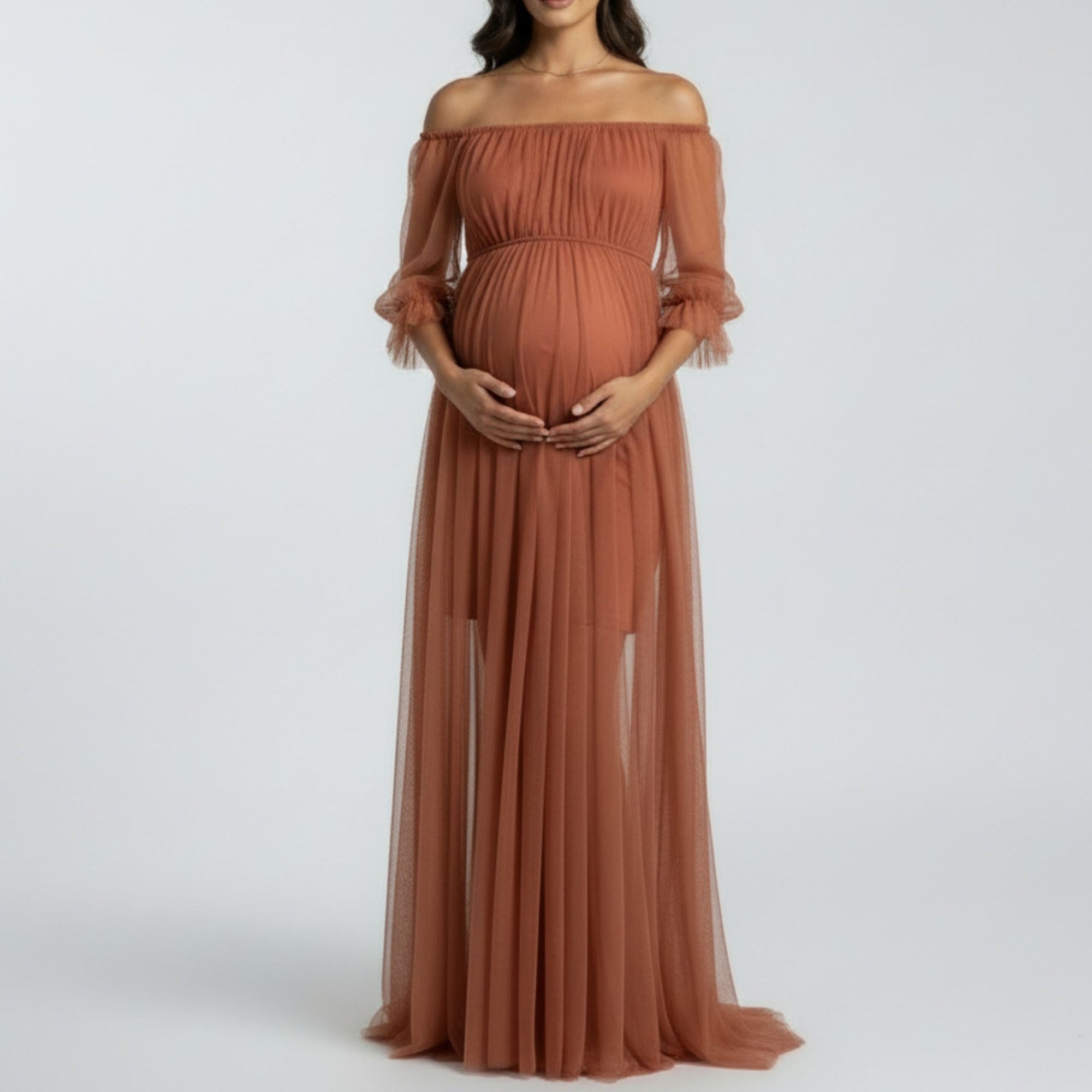 Anna-Kaci Women's Maternity Off Shoulder Mesh Maxi Dress with Sheer Overlay Empire Waist Flowy Formal Dress