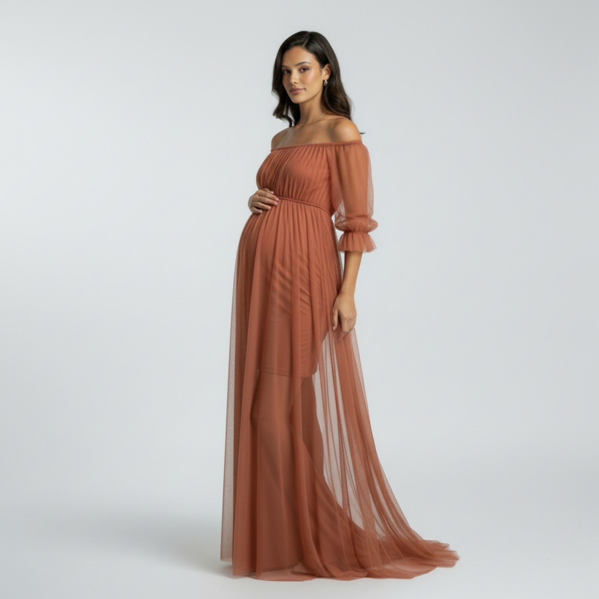 Anna-Kaci Women's Maternity Off Shoulder Mesh Maxi Dress with Sheer Overlay Empire Waist Flowy Formal Dress, Large 12-14 / Orange