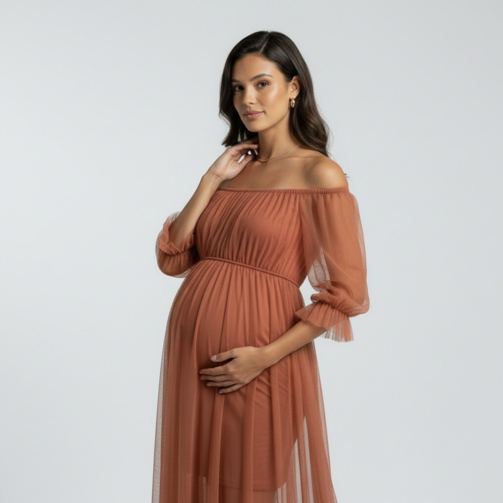 Anna-Kaci Women's Maternity Off Shoulder Mesh Maxi Dress with Sheer Overlay Empire Waist Flowy Formal Dress