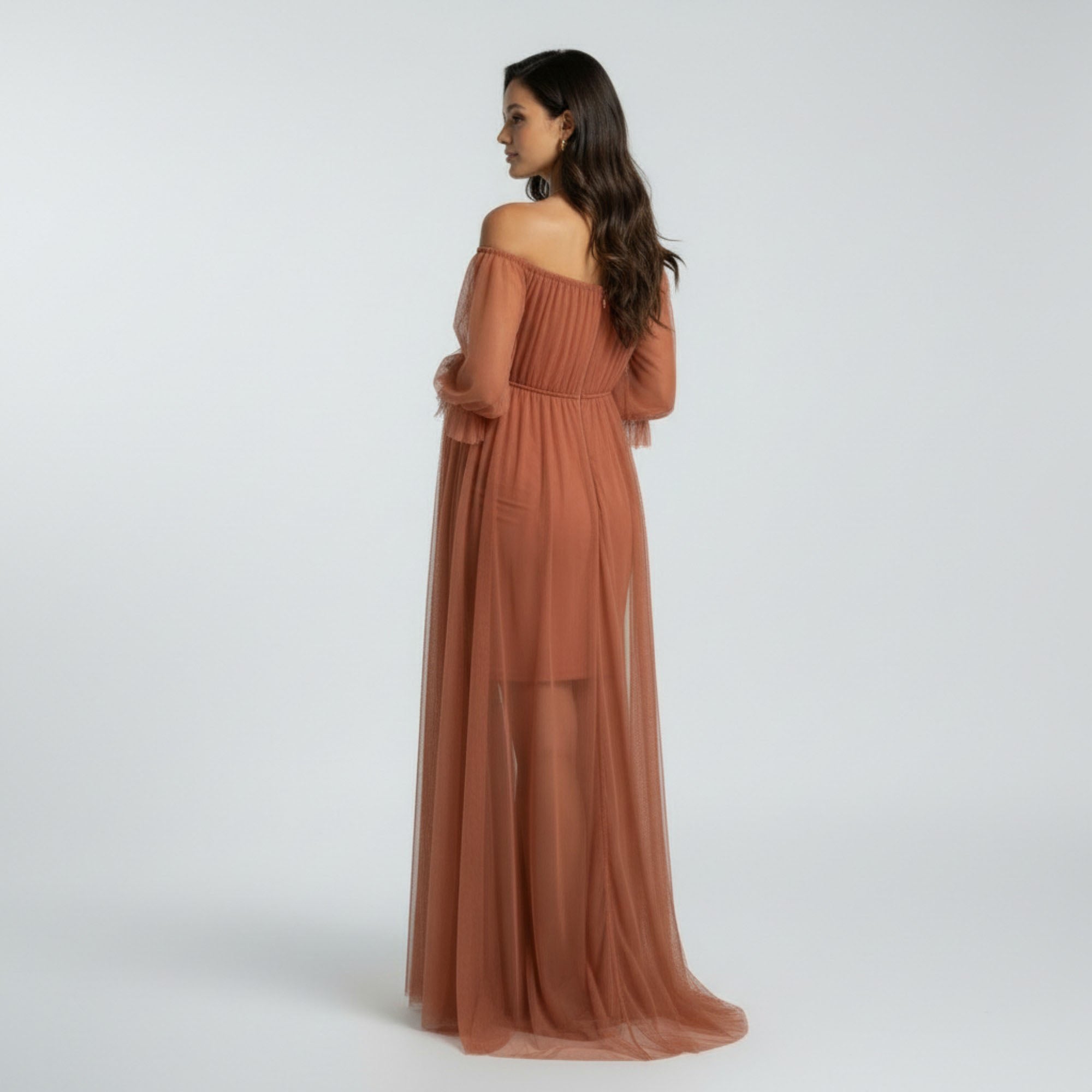 Anna-Kaci Women's Maternity Off Shoulder Mesh Maxi Dress with Sheer Overlay Empire Waist Flowy Formal Dress