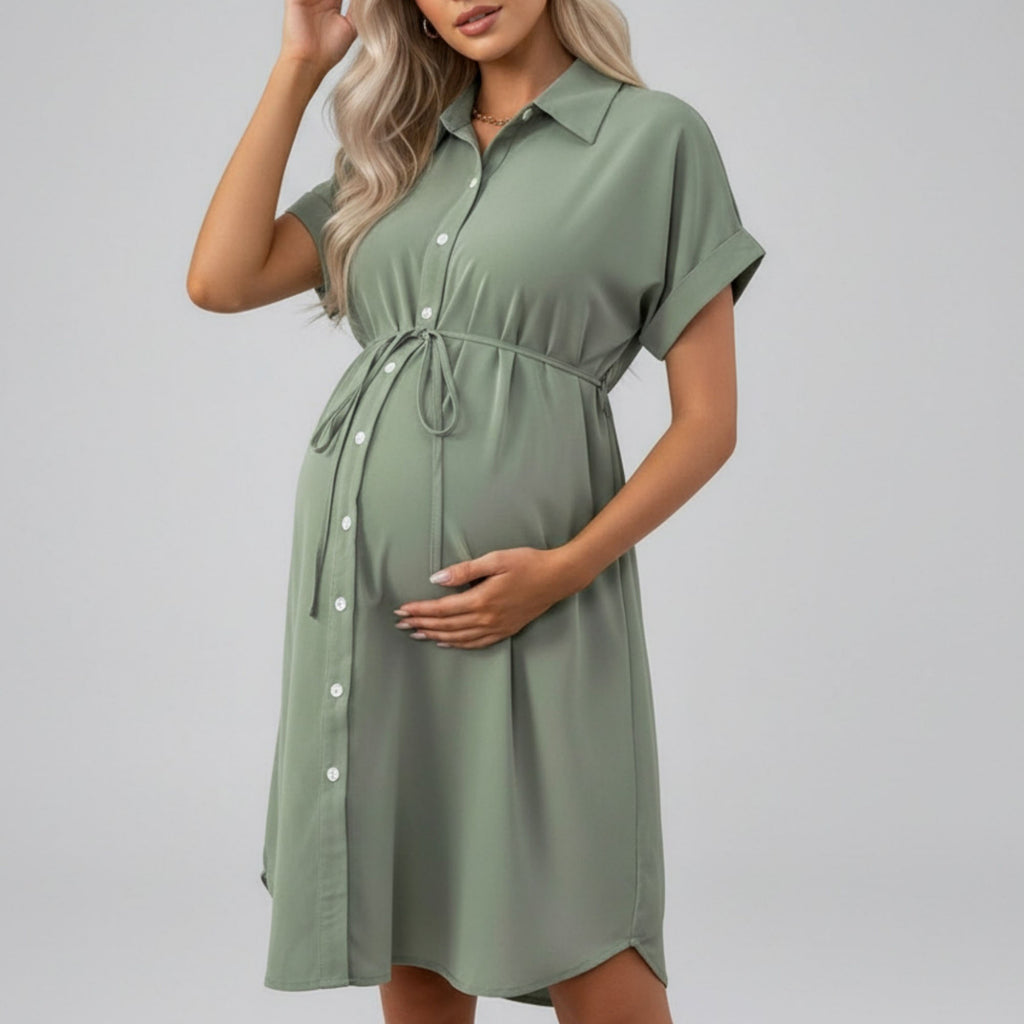 Anna-Kaci Women's Maternity Button Down Shirt Dress with Adjustable Tie Waist Collared Midi Dress