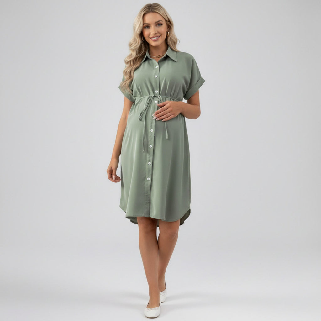 Anna-Kaci Women's Maternity Button Down Shirt Dress with Adjustable Tie Waist Collared Midi Dress