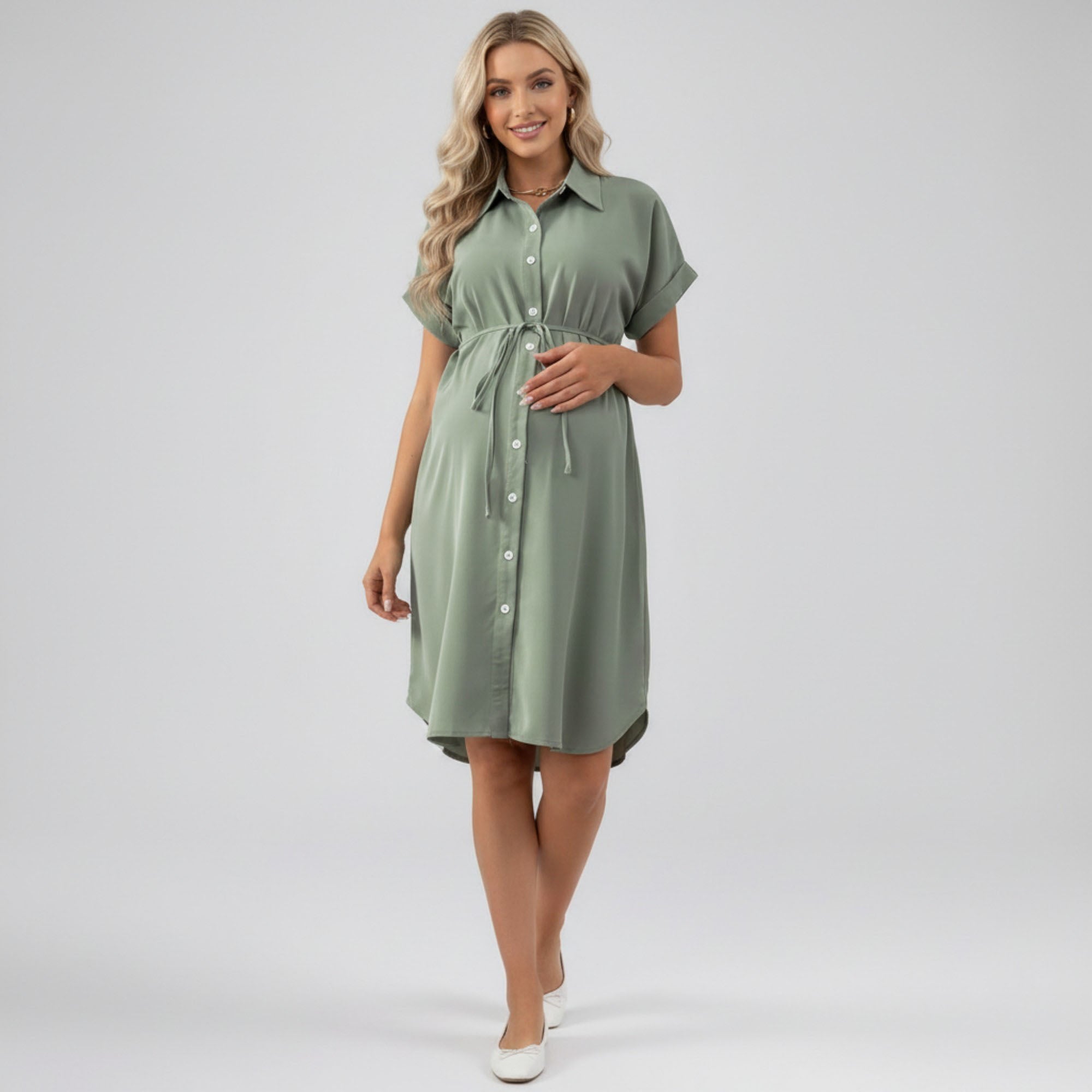 Anna-Kaci Women's Maternity Button Down Shirt Dress with Adjustable Tie Waist Collared Midi Dress