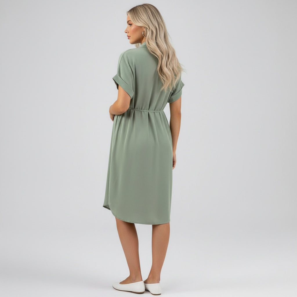 Anna-Kaci Women's Maternity Button Down Shirt Dress with Adjustable Tie Waist Collared Midi Dress