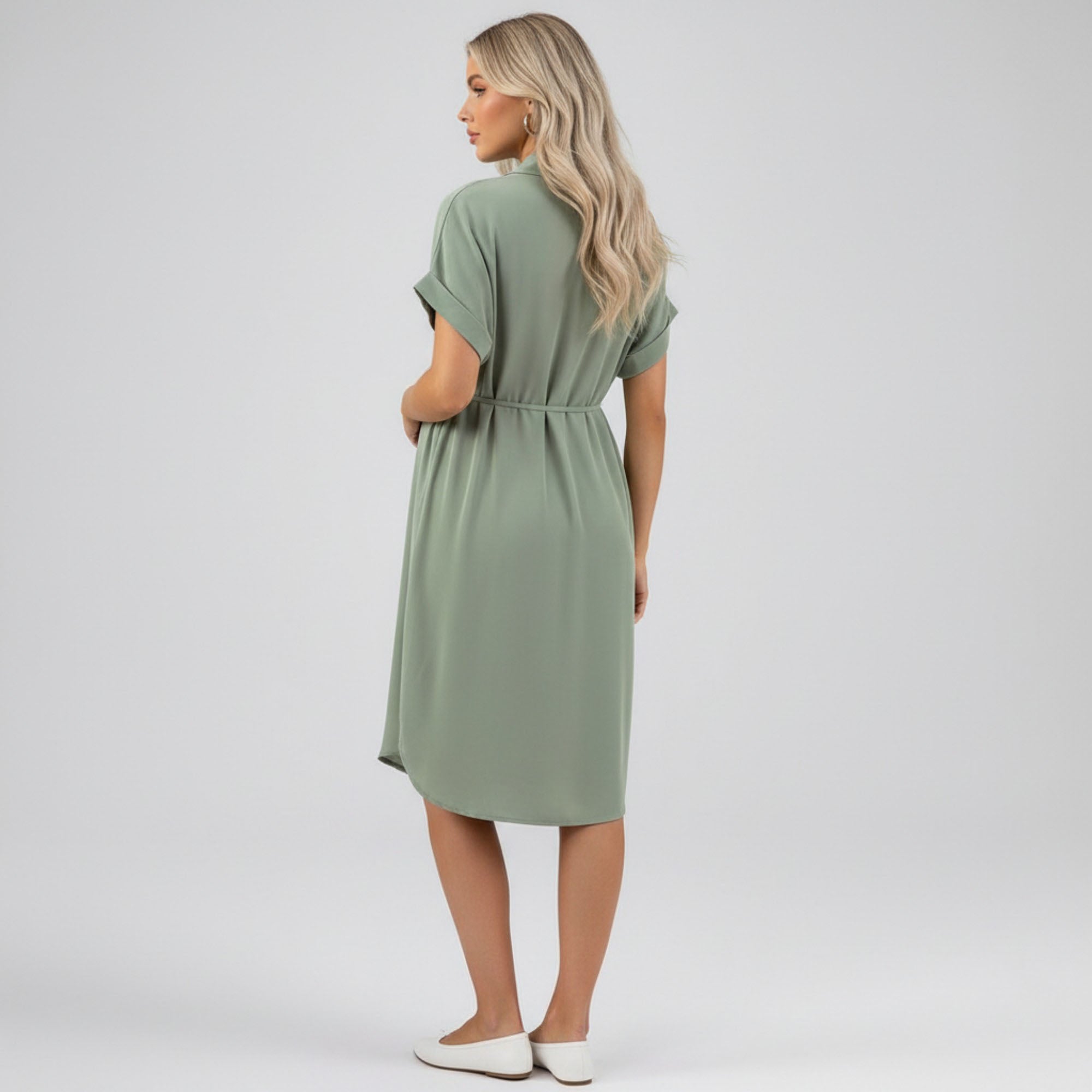 Anna-Kaci Women's Maternity Button Down Shirt Dress with Adjustable Tie Waist Collared Midi Dress