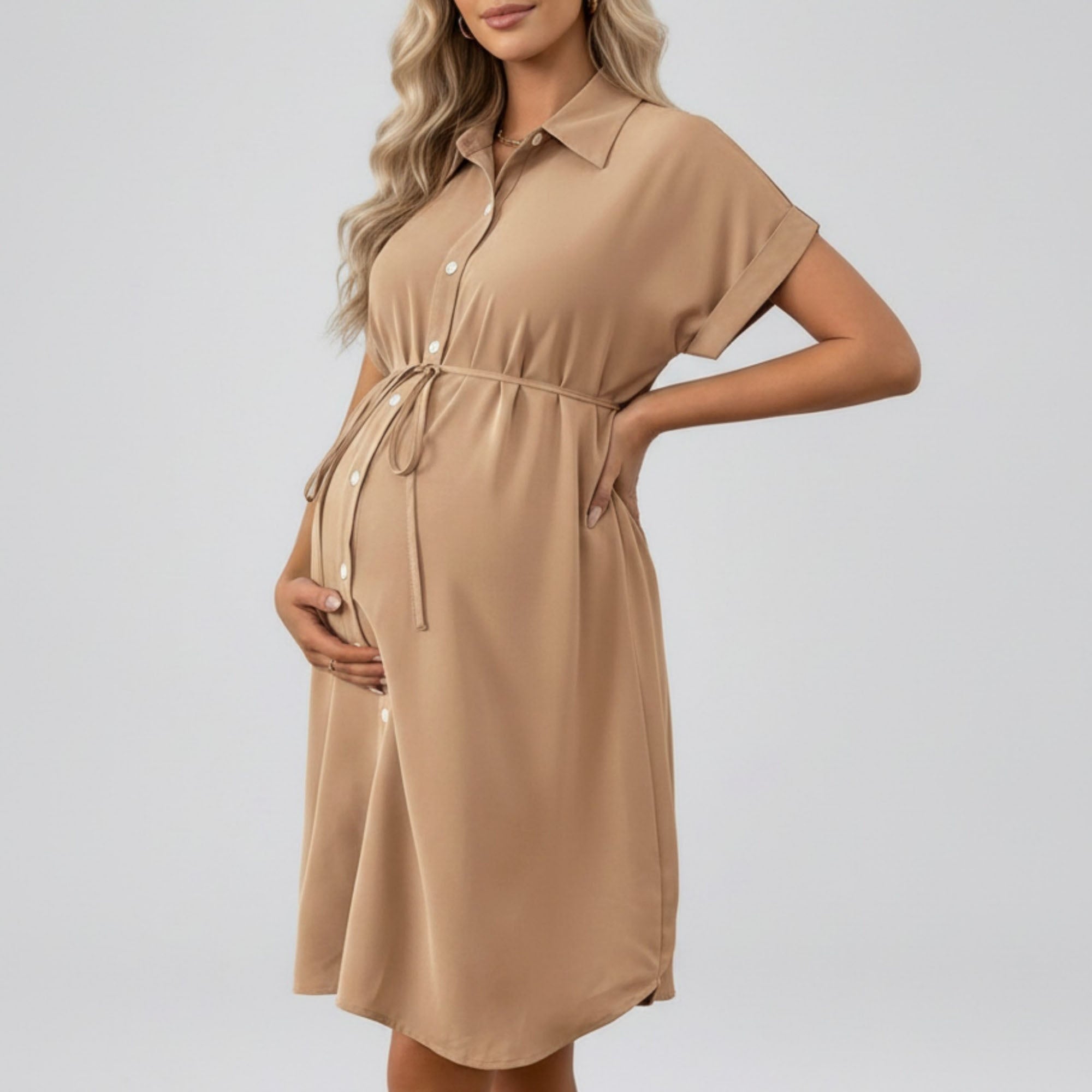 Anna-Kaci Women's Maternity Button Down Shirt Dress with Adjustable Tie Waist Collared Midi Dress