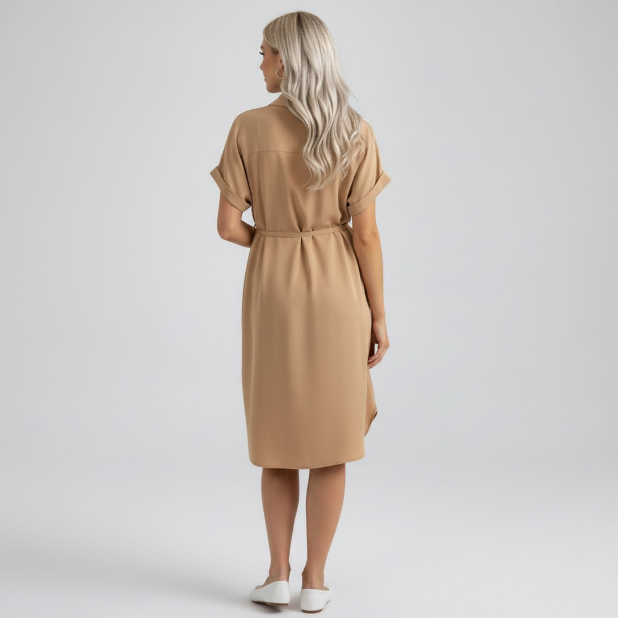 Anna-Kaci Women's Maternity Button Down Shirt Dress with Adjustable Tie Waist Collared Midi Dress