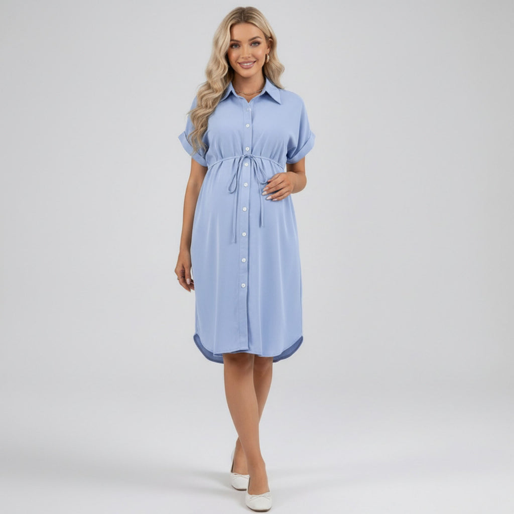 Anna-Kaci Women's Maternity Button Down Shirt Dress with Adjustable Tie Waist Collared Midi Dress