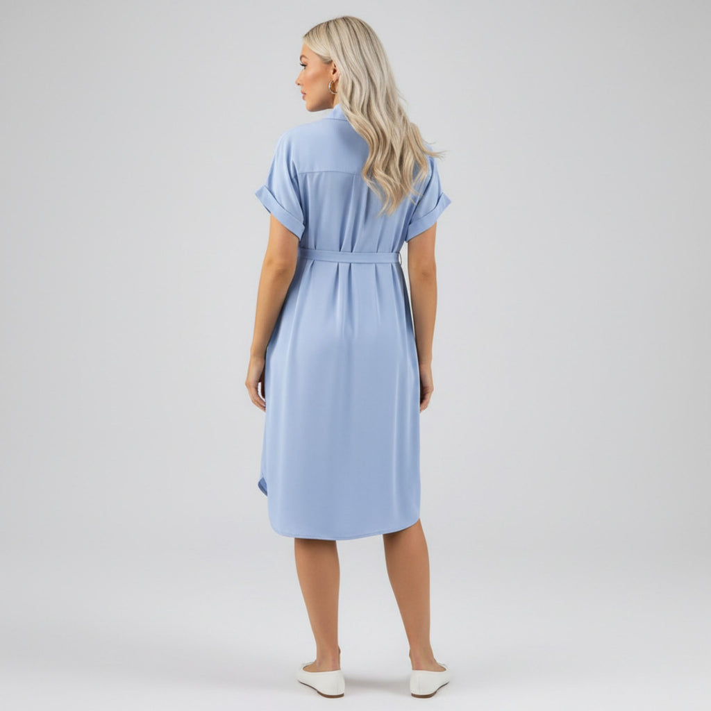 Anna-Kaci Women's Maternity Button Down Shirt Dress with Adjustable Tie Waist Collared Midi Dress