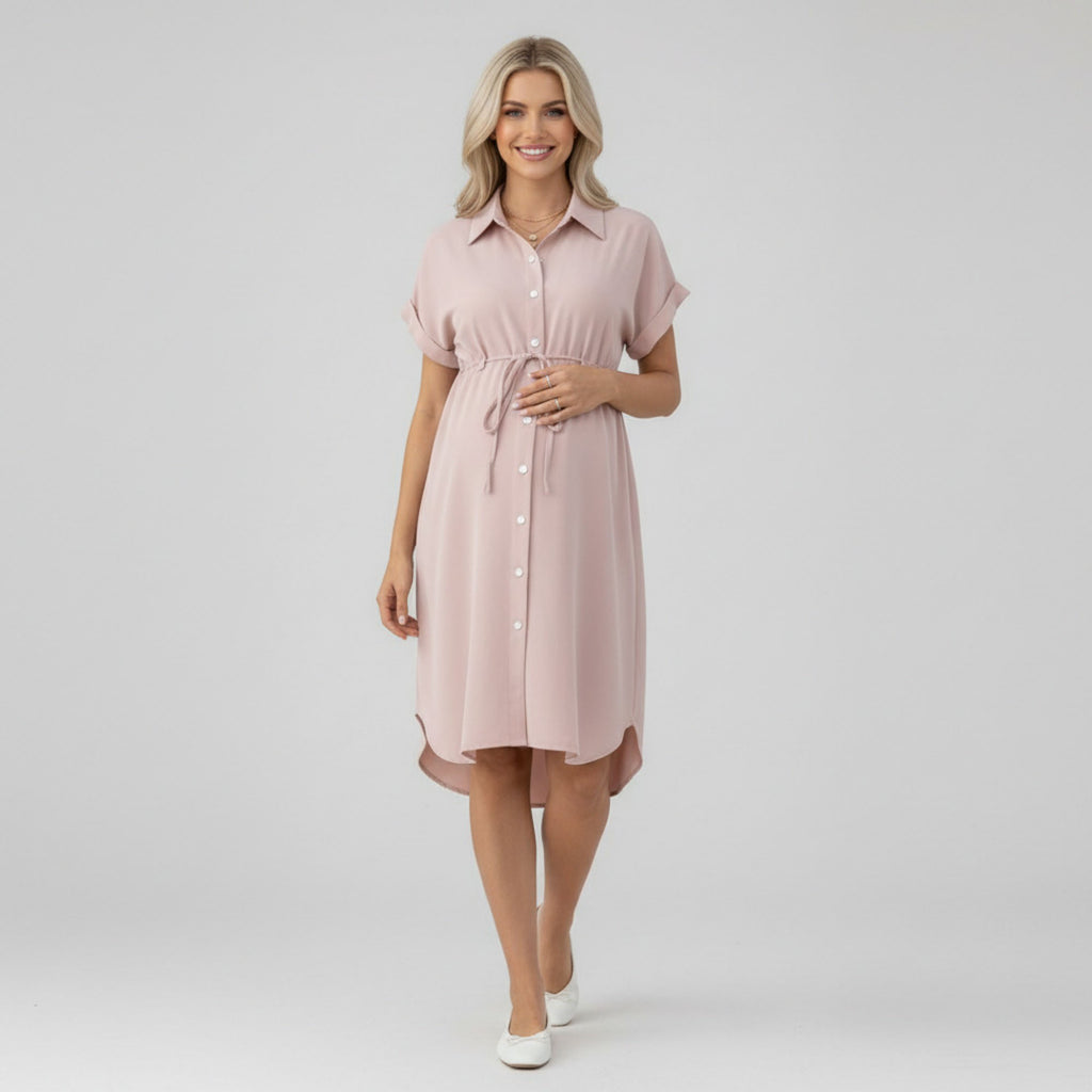 Anna-Kaci Women's Maternity Button Down Shirt Dress with Adjustable Tie Waist Collared Midi Dress