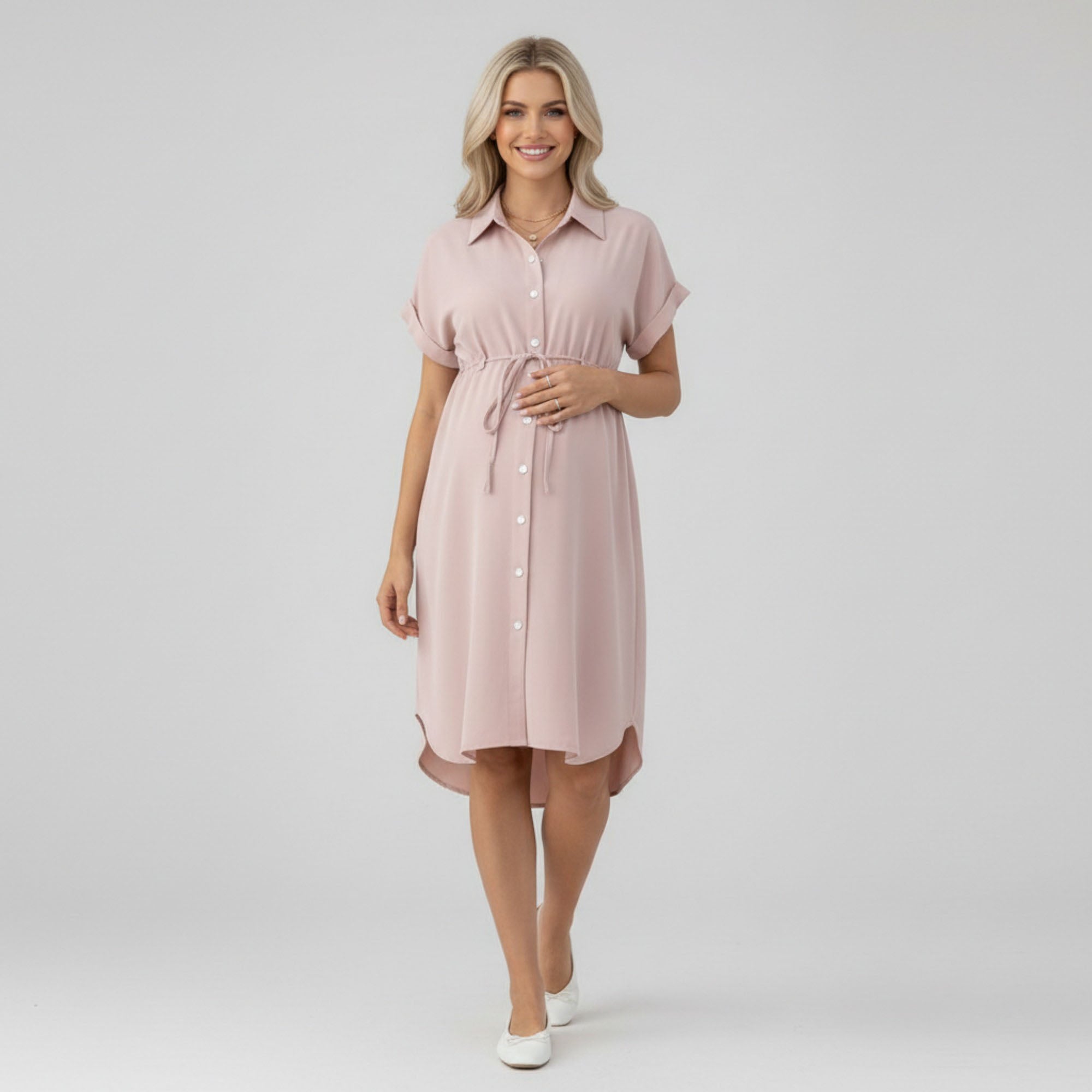 Anna-Kaci Women's Maternity Button Down Shirt Dress with Adjustable Tie Waist Collared Midi Dress