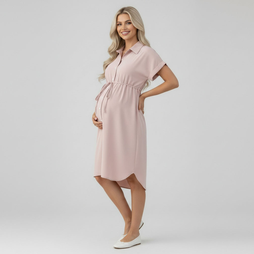 Anna-Kaci Women's Maternity Button Down Shirt Dress with Adjustable Tie Waist Collared Midi Dress